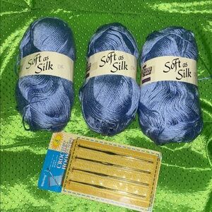3 Soft as Silk DK Yarn in Blue 100 percent premium acrylic 245yrds w/hooks